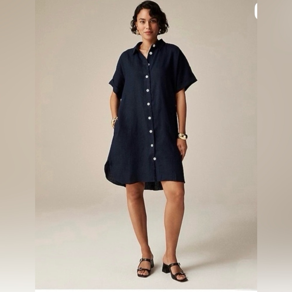J.CREW Sz L Navy Blue Capitaine 100% Linen Shirtdress EUC Minimalist Summer
